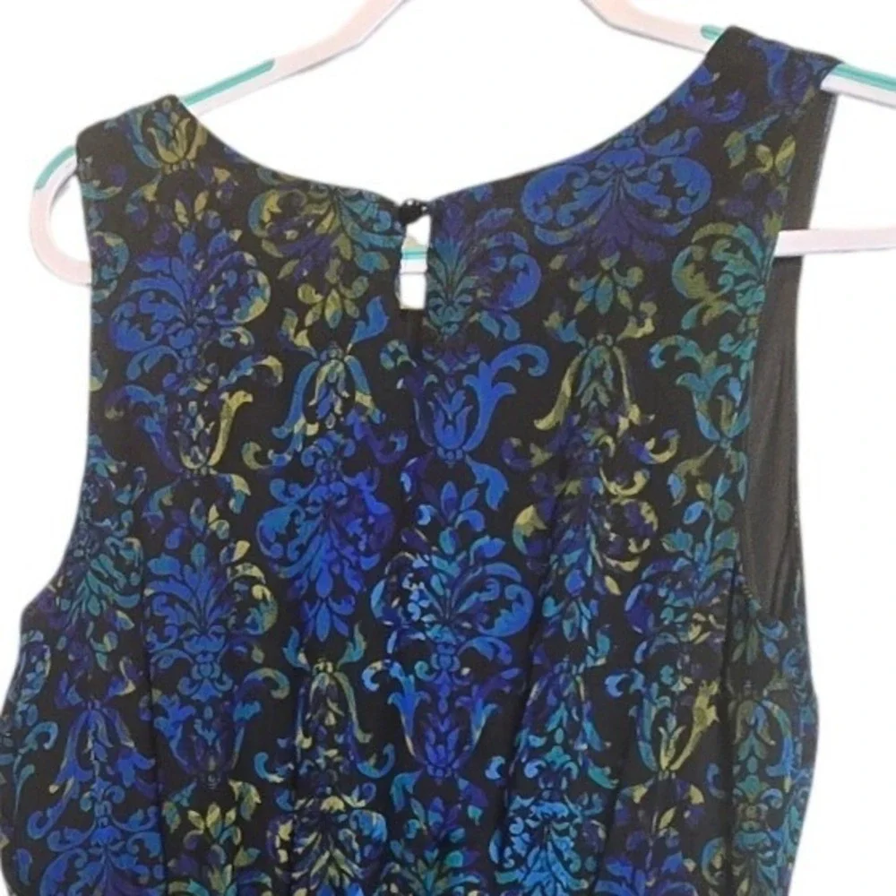 AA‎ Studio Midi Dress Womens 16W Blue Green Damask Sleeveless Chiffon Overlay